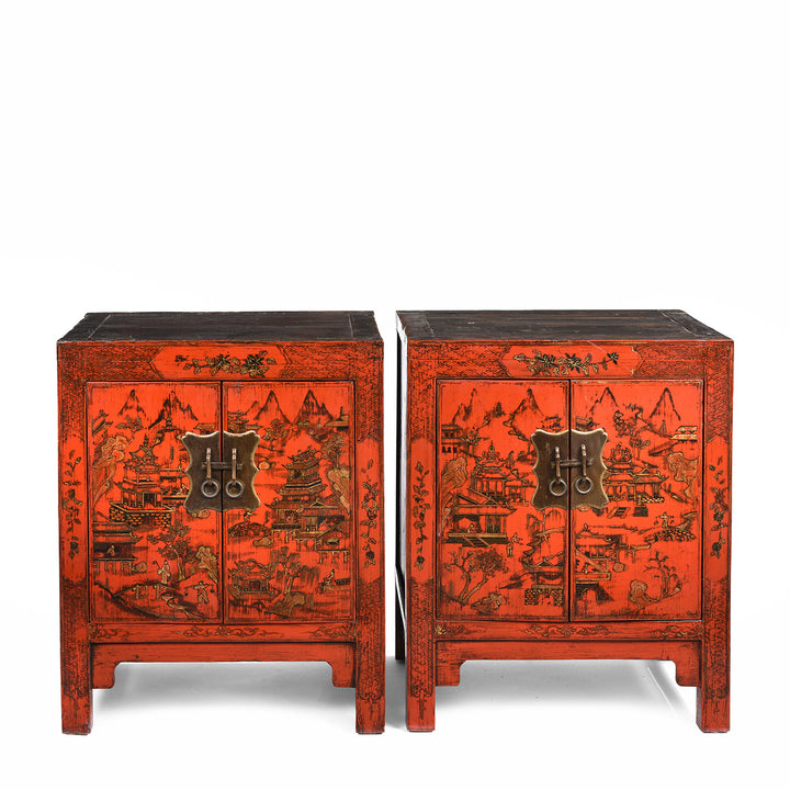 Pair of Chinese Reproduction Red Lacquer Bedside Cabinets  | Indigo Antiques