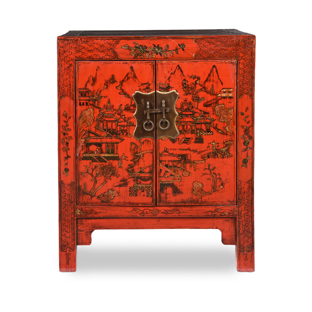 Pair of Chinese Reproduction Red Lacquer Bedside Cabinets  | Indigo Antiques