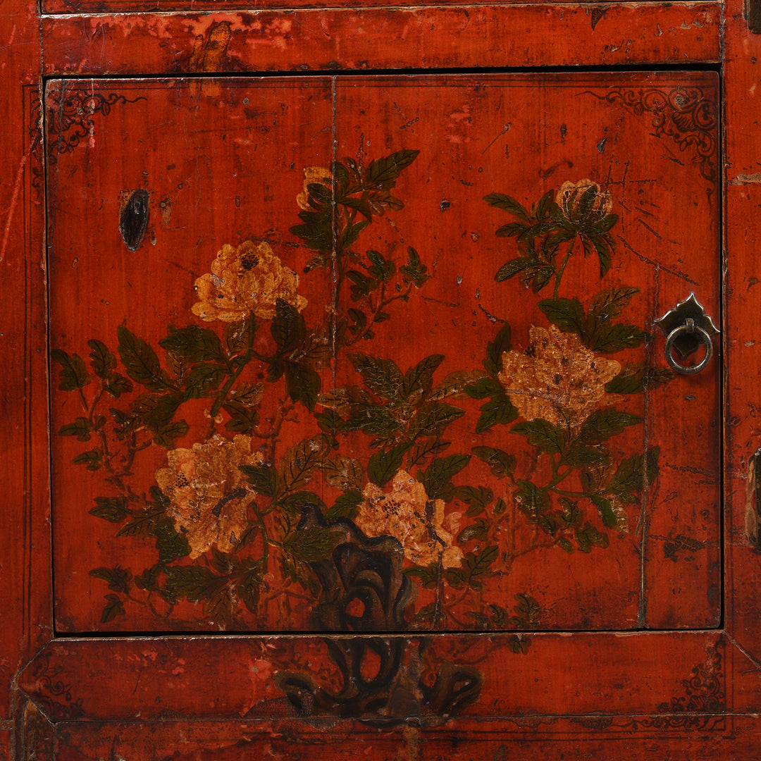 Floral Painted Peony Detail From Red Lacquer Qinghai Sideboard - 19thC | Indigo Antiques