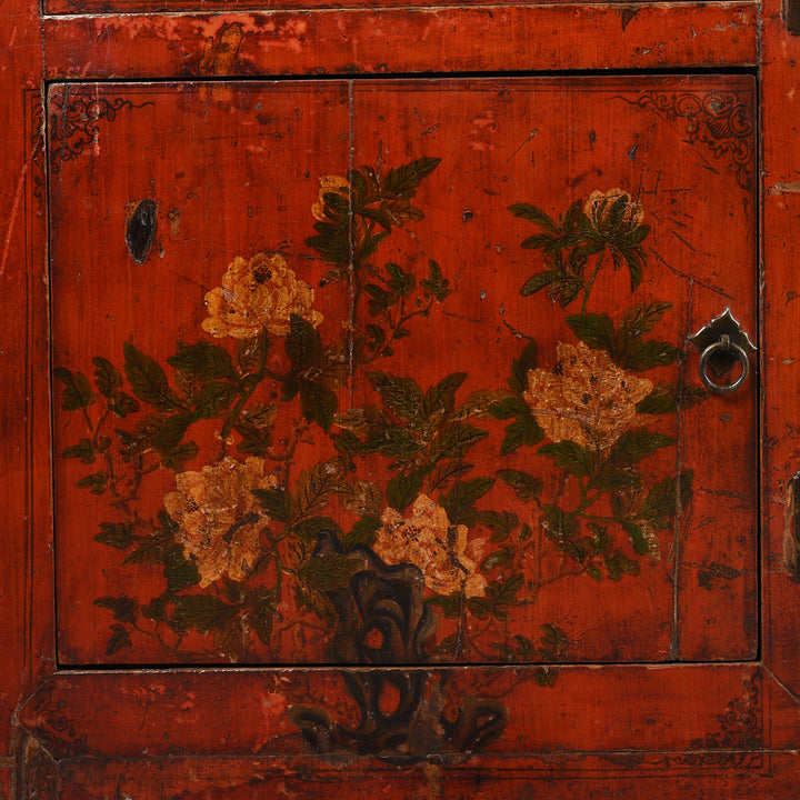 Floral Painted Peony Detail From Red Lacquer Qinghai Sideboard - 19thC | Indigo Antiques
