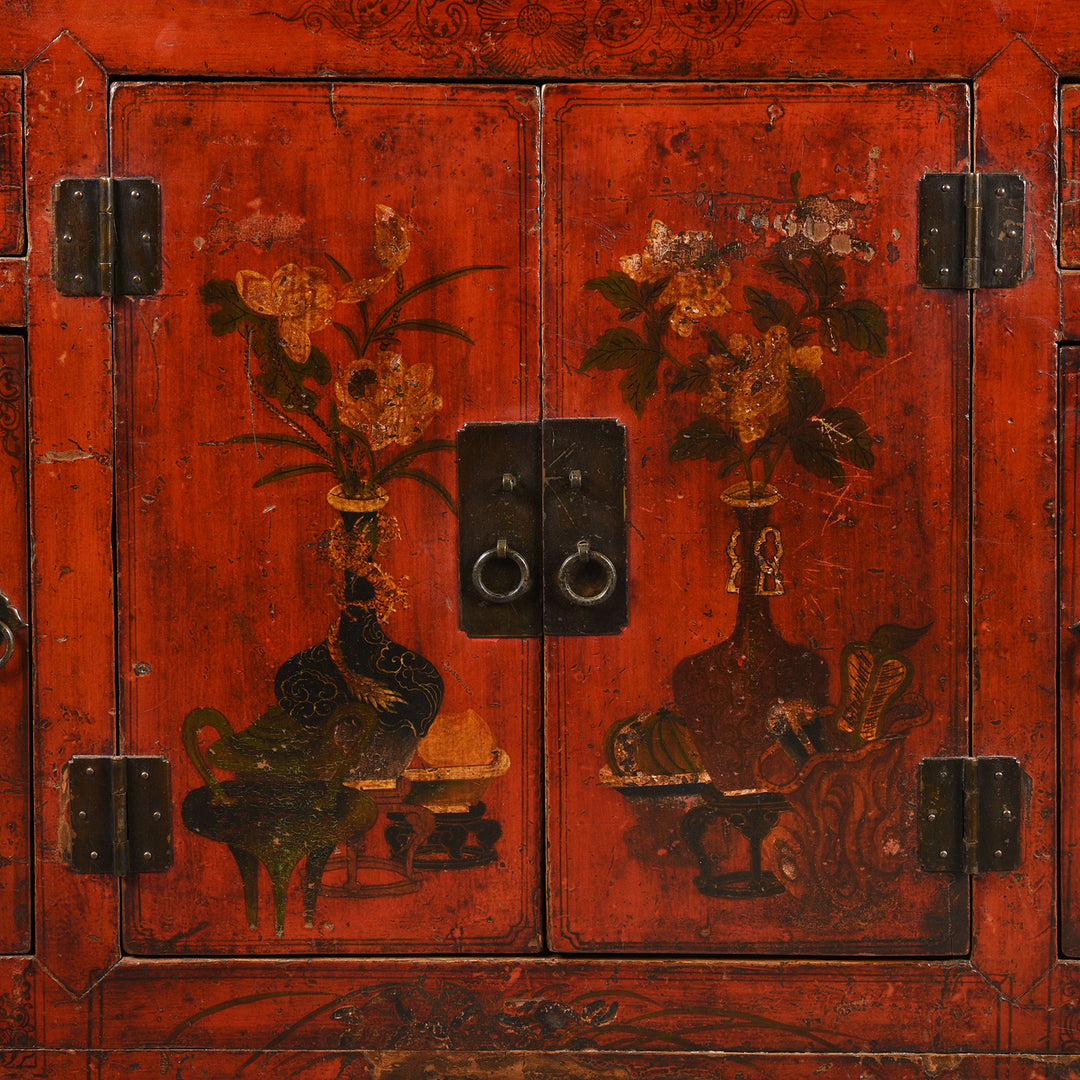 Painted scholarly objects from an antique Red Lacquer Qinghai Sideboard - 19thC | Indigo Antiques