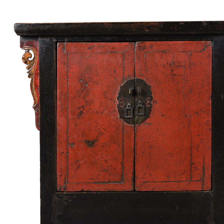 Corner Detail From Antique Red & Black Lacquer Sideboard From Shanxi - Late 18thC | Indigo Antiques
