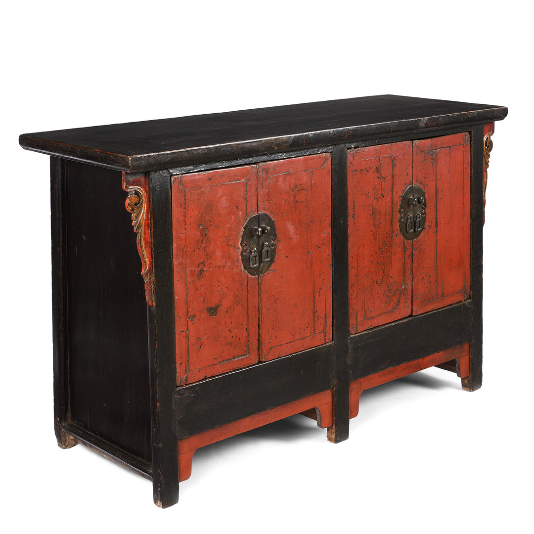 Angled View Of Antique Red & Black Lacquer Sideboard From Shanxi - Late 18thC | Indigo Antiques