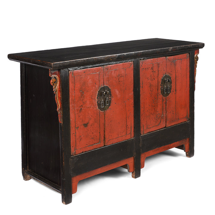 Angled View Of Antique Red & Black Lacquer Sideboard From Shanxi - Late 18thC | Indigo Antiques