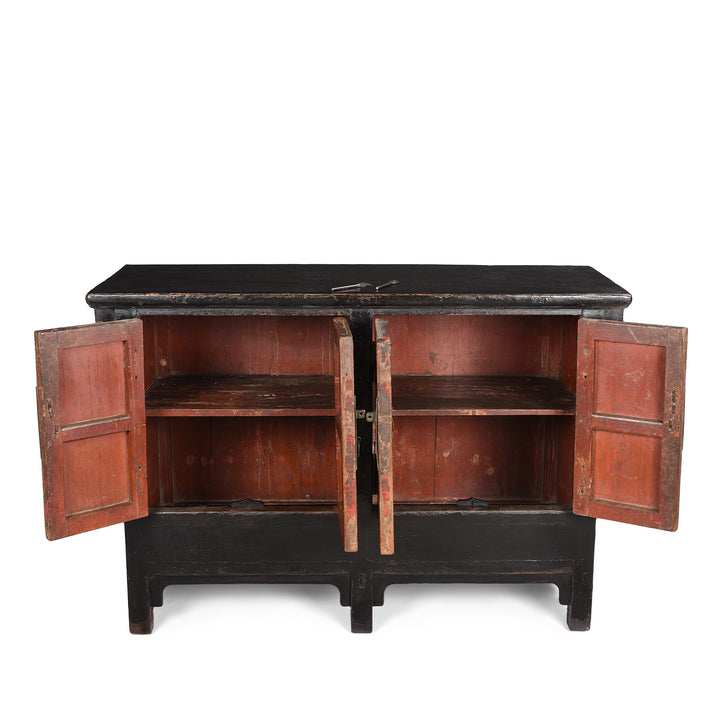 Open Doors View Of Red & Black Lacquer Sideboard From Shanxi - 18thC | Indigo Antiques