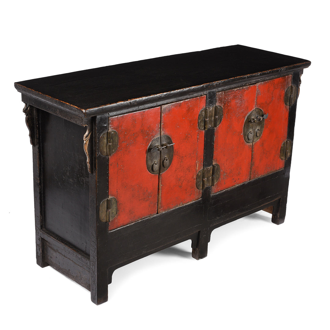 Angled View Of Red & Black Lacquer Sideboard From Shanxi - 18thC | Indigo Antiques