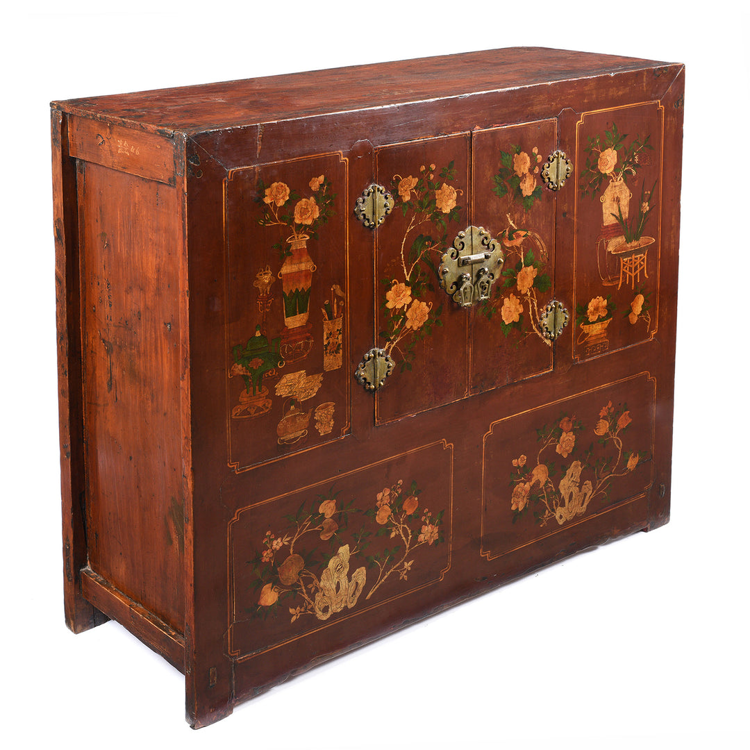 Angled View Of Antique Painted Red Cabinet From Gansu Province - 19th Century | Indigo Antiques