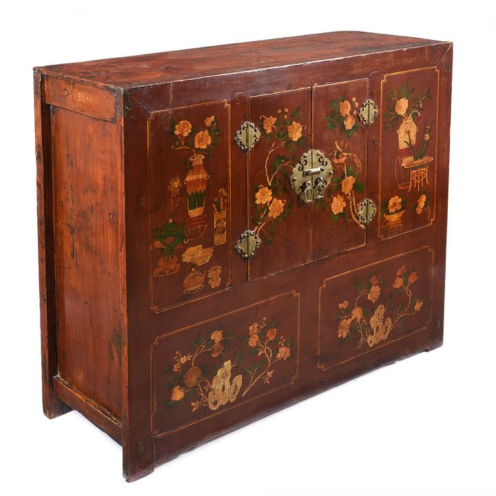 Angled View Of Antique Painted Red Cabinet From Gansu Province - 19th Century | Indigo Antiques