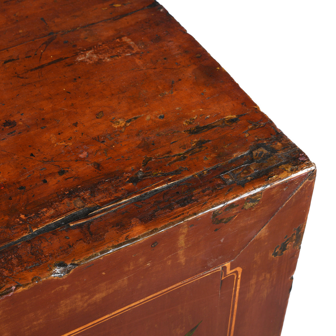 Corner Detail From Antique Painted Red Cabinet From Gansu Province - 19th Century | Indigo Antiques