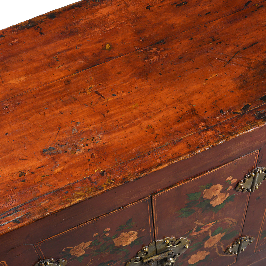 Surface Detail From Antique Painted Red Cabinet From Gansu Province - 19th Century | Indigo Antiques