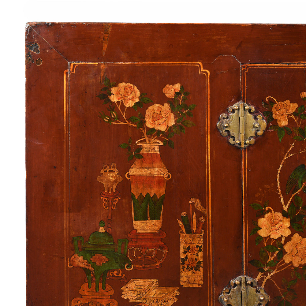 Corner Detail From Antique Painted Red Cabinet From Gansu Province - 19th Century | Indigo Antiques