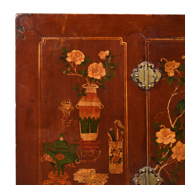 Corner Detail From Antique Painted Red Cabinet From Gansu Province - 19th Century | Indigo Antiques