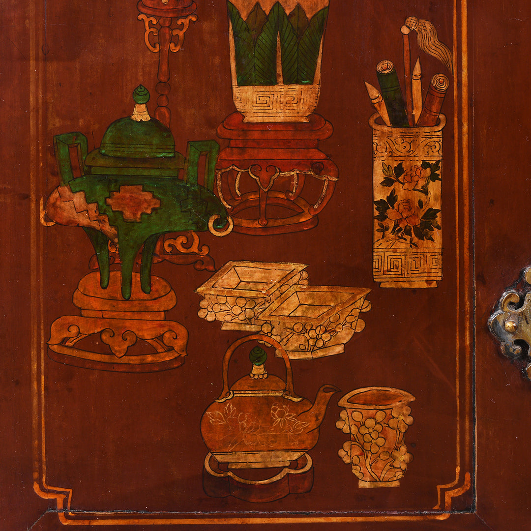 Painting Detail From Antique Painted Red Cabinet From Gansu Province - 19th Century | Indigo Antiques