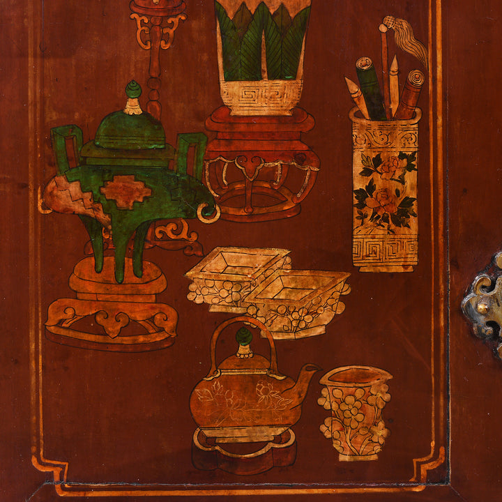 Painting Detail From Antique Painted Red Cabinet From Gansu Province - 19th Century | Indigo Antiques