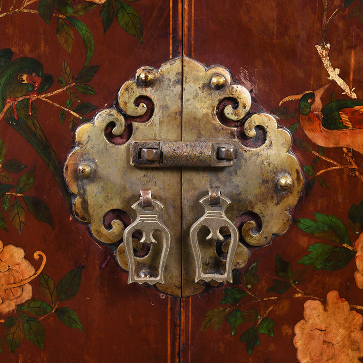 Locking Panel Detail From Antique Painted Red Cabinet From Gansu Province - 19th Century | Indigo Antiques