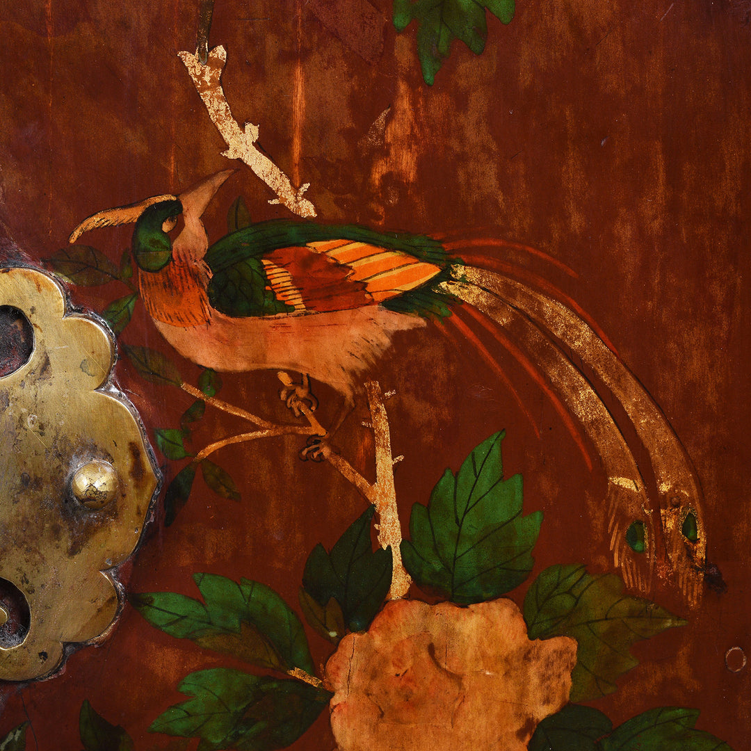 Peacock Detail From Antique Painted Red Cabinet From Gansu Province - 19th Century | Indigo Antiques
