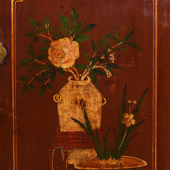 Vase Detail From Antique Painted Red Cabinet From Gansu Province - 19th Century | Indigo Antiques