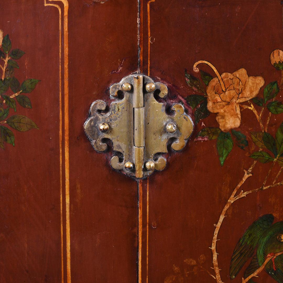 Hinge Detail From Antique Painted Red Cabinet From Gansu Province - 19th Century | Indigo Antiques