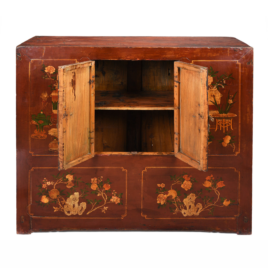 Open Doors View Of Antique Painted Red Cabinet From Gansu Province - 19th Century | Indigo Antiques