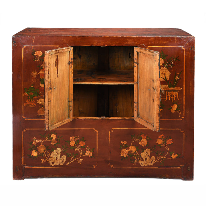 Open Doors View Of Antique Painted Red Cabinet From Gansu Province - 19th Century | Indigo Antiques