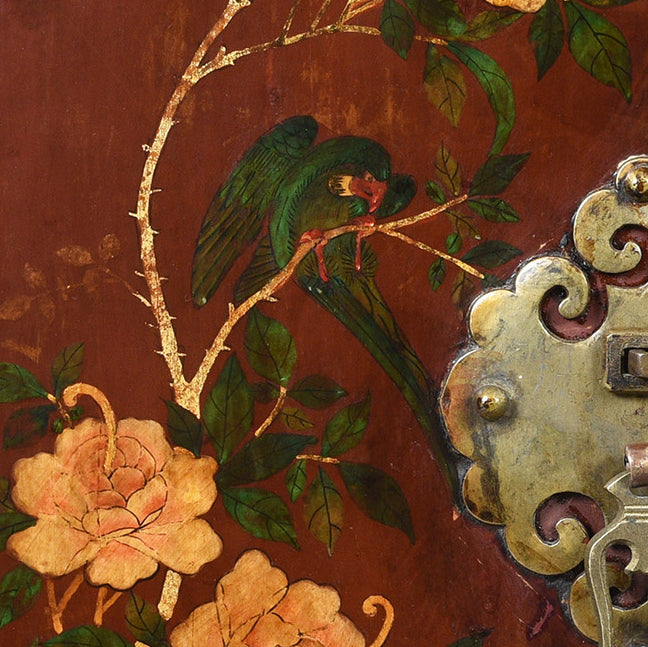 Parrot Detail From Antique Painted Red Cabinet From Gansu Province - 19th Century | Indigo Antiques