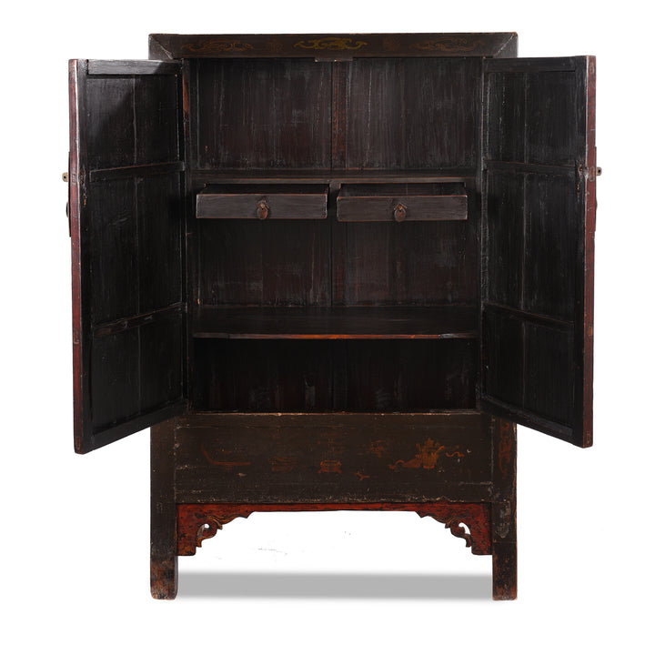 Open Doors View Of Red & Black Painted Lacquer Wedding Cabinet From Shanxi  -19thC | Indigo Antiques