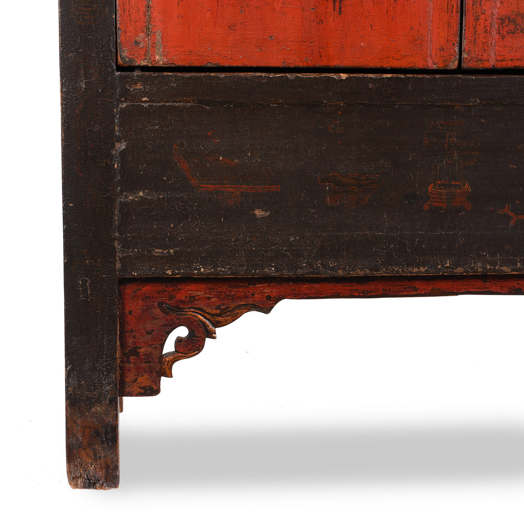 Leg Detail From Red & Black Painted Lacquer Wedding Cabinet From Shanxi  -19thC | Indigo Antiques