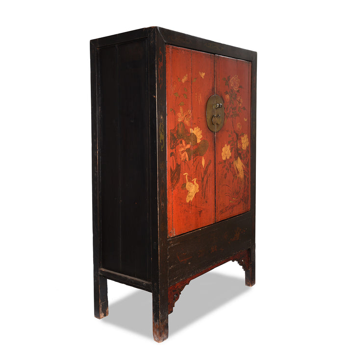 Angled View Of Red & Black Painted Lacquer Wedding Cabinet From Shanxi  -19thC | Indigo Antiques
