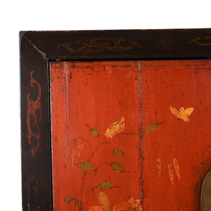 Corner Detail From Red & Black Painted Lacquer Wedding Cabinet From Shanxi  -19thC | Indigo Antiques