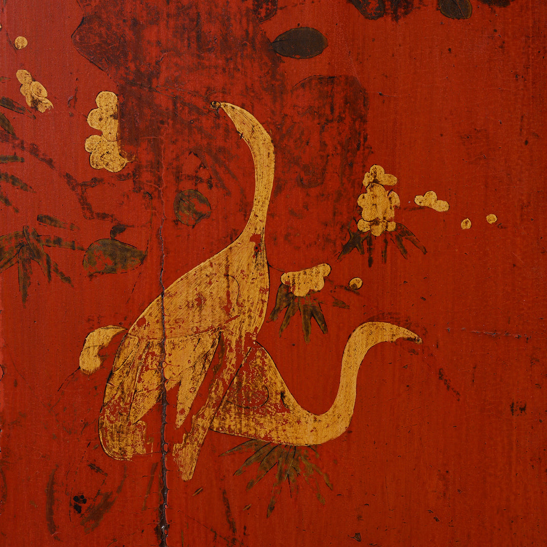 Bird Detail From Red & Black Painted Lacquer Wedding Cabinet From Shanxi  -19thC | Indigo Antiques