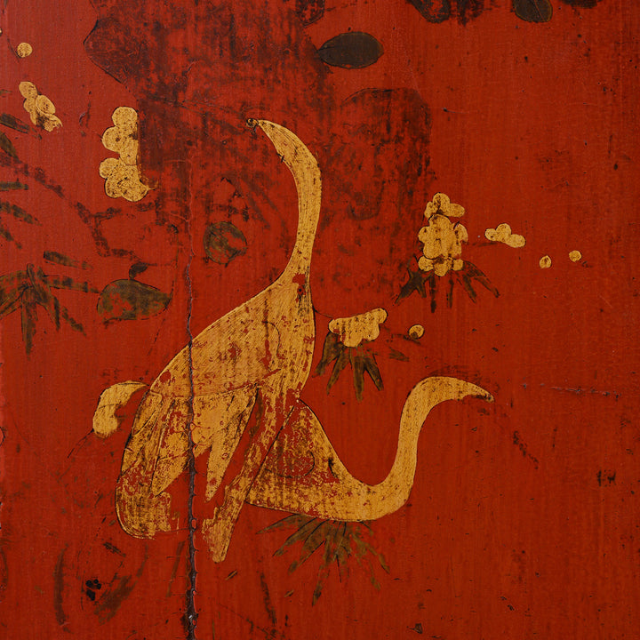 Bird Detail From Red & Black Painted Lacquer Wedding Cabinet From Shanxi  -19thC | Indigo Antiques