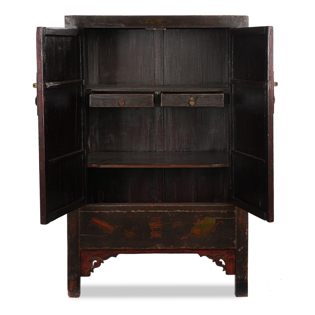 Open Doors View Of Red & Black Painted Lacquer Wedding Cabinet From Shanxi  -19thC | Indigo Antiques