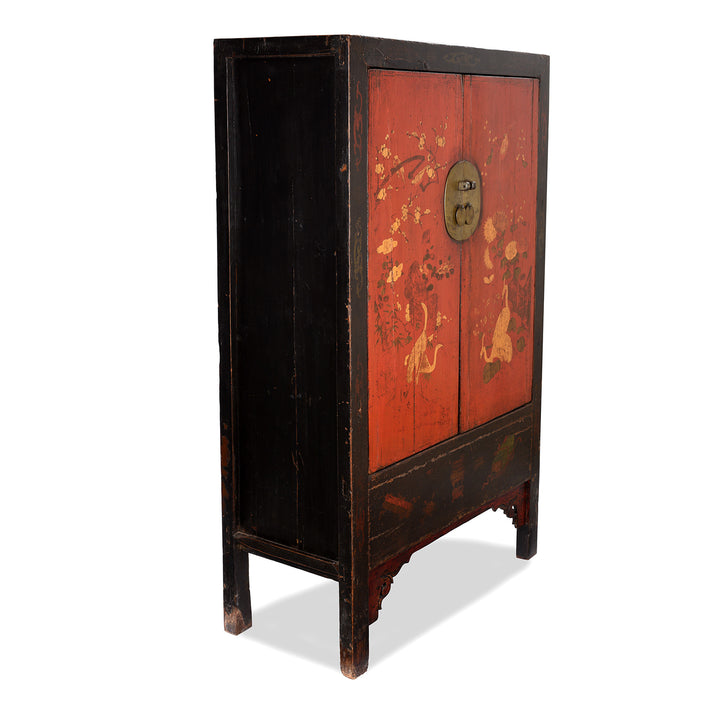 Angled View Of Red & Black Painted Lacquer Wedding Cabinet From Shanxi  -19thC | Indigo Antiques