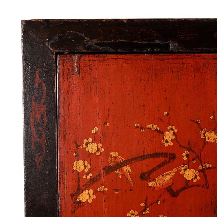 Corner Detail From Red & Black Painted Lacquer Wedding Cabinet From Shanxi  -19thC | Indigo Antiques