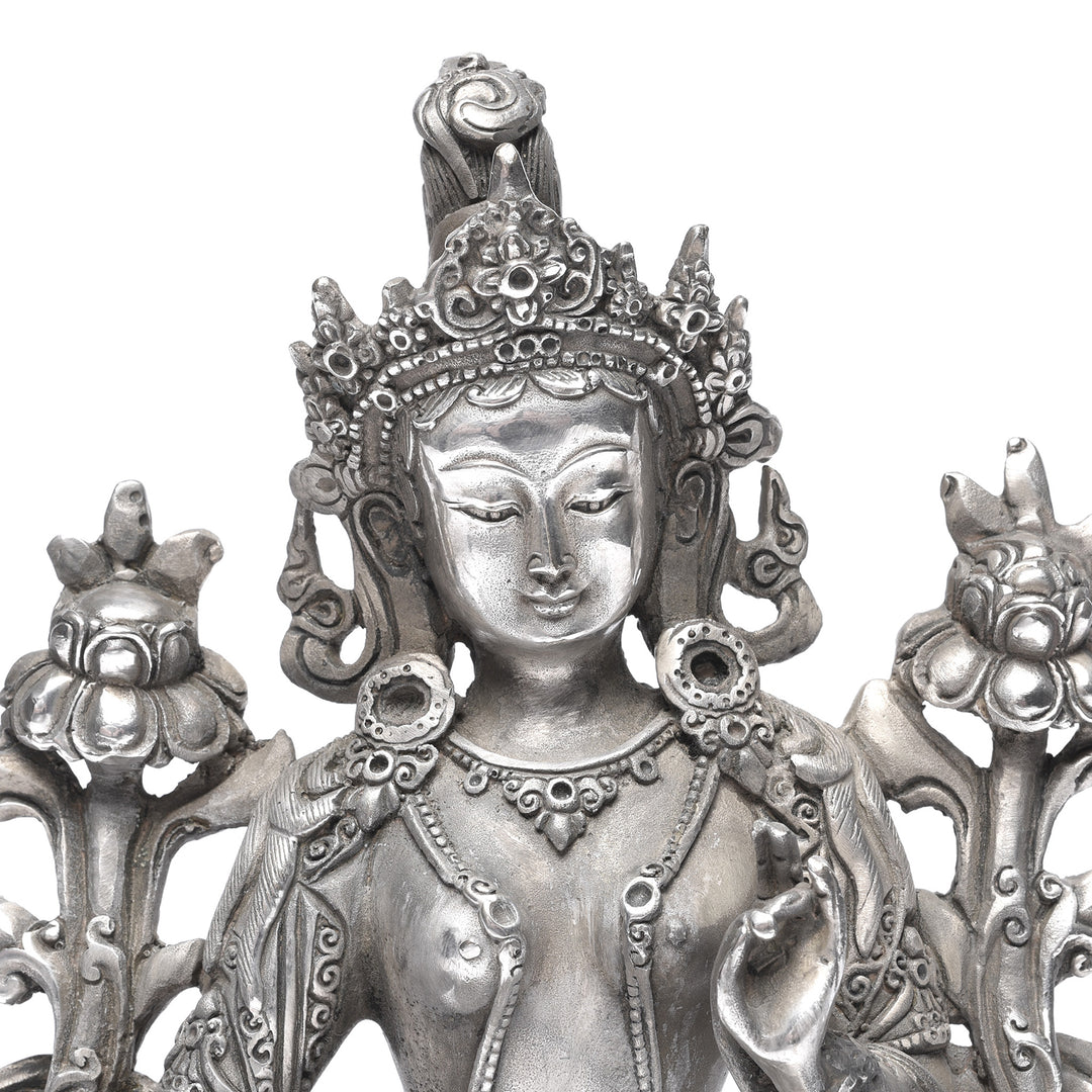 Face Detail Of Silver Plated Bronze Statue Of The Tibetan Goddess Tara | Indigo Antiques