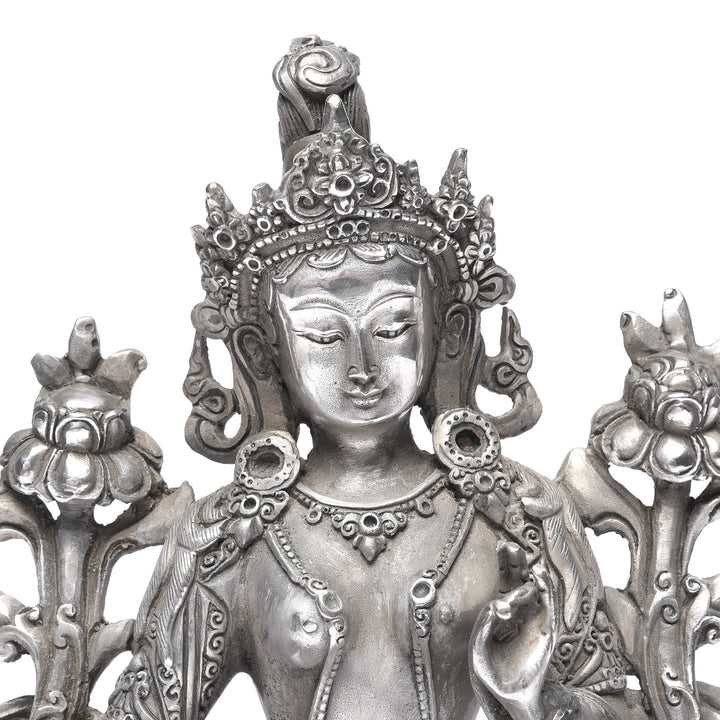 Face Detail Of Silver Plated Bronze Statue Of The Tibetan Goddess Tara | Indigo Antiques