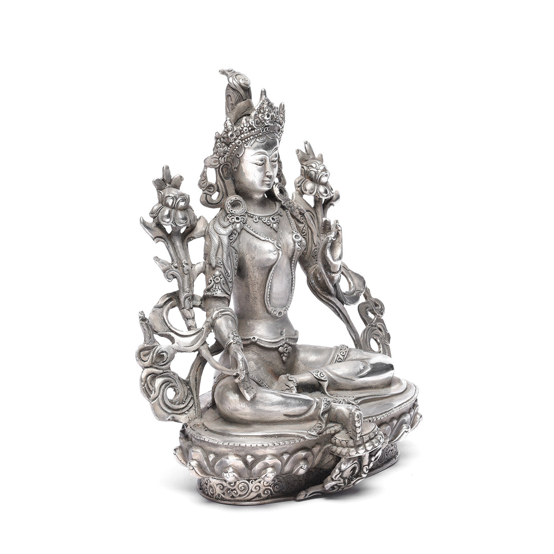 Angled View Of Silver Plated Bronze Statue Of The Tibetan Goddess Tara | Indigo Antiques