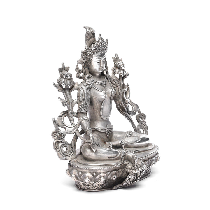 Angled View Of Silver Plated Bronze Statue Of The Tibetan Goddess Tara | Indigo Antiques