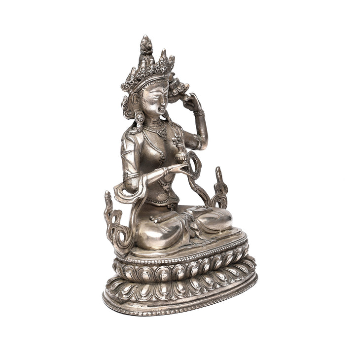 Angled View Of Silver Plated Statue Of The Goddess Tara | Indigo Antiques