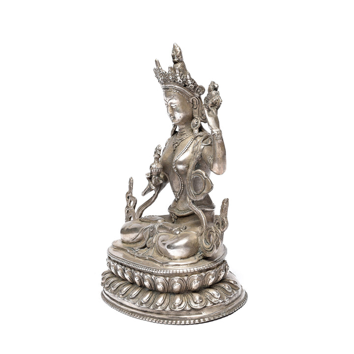 Angled VIew Of Silver Plated Statue Of The Goddess Tara | Indigo Antiques