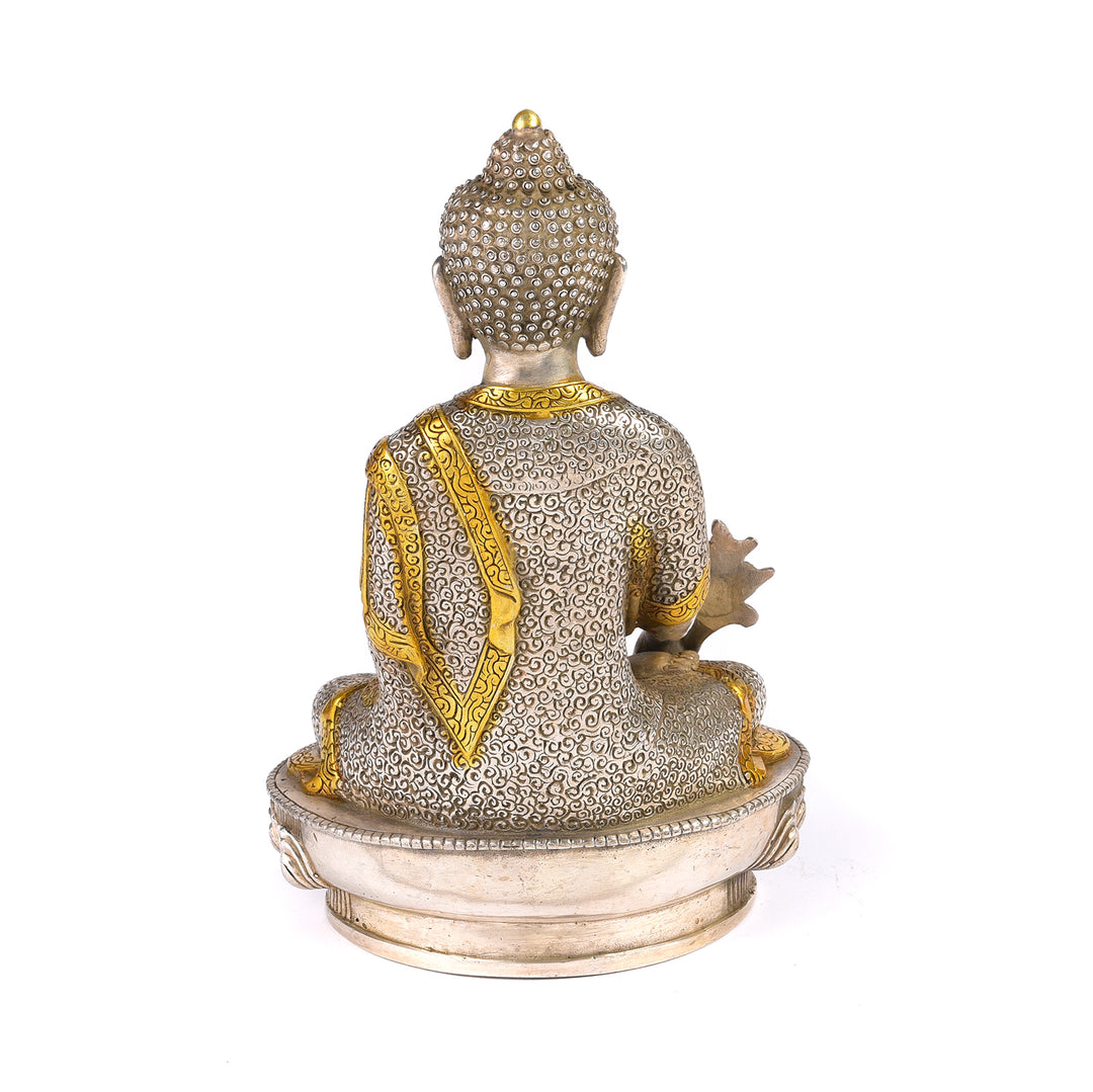 Sitting Silver Plated Brass Medicine Buddha Statue - Varada Mudra | Indigo Antiques