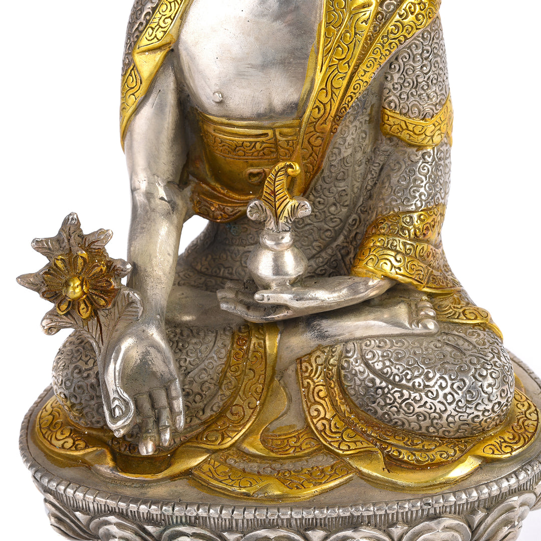 Sitting Silver Plated Brass Medicine Buddha Statue - Varada Mudra | Indigo Antiques