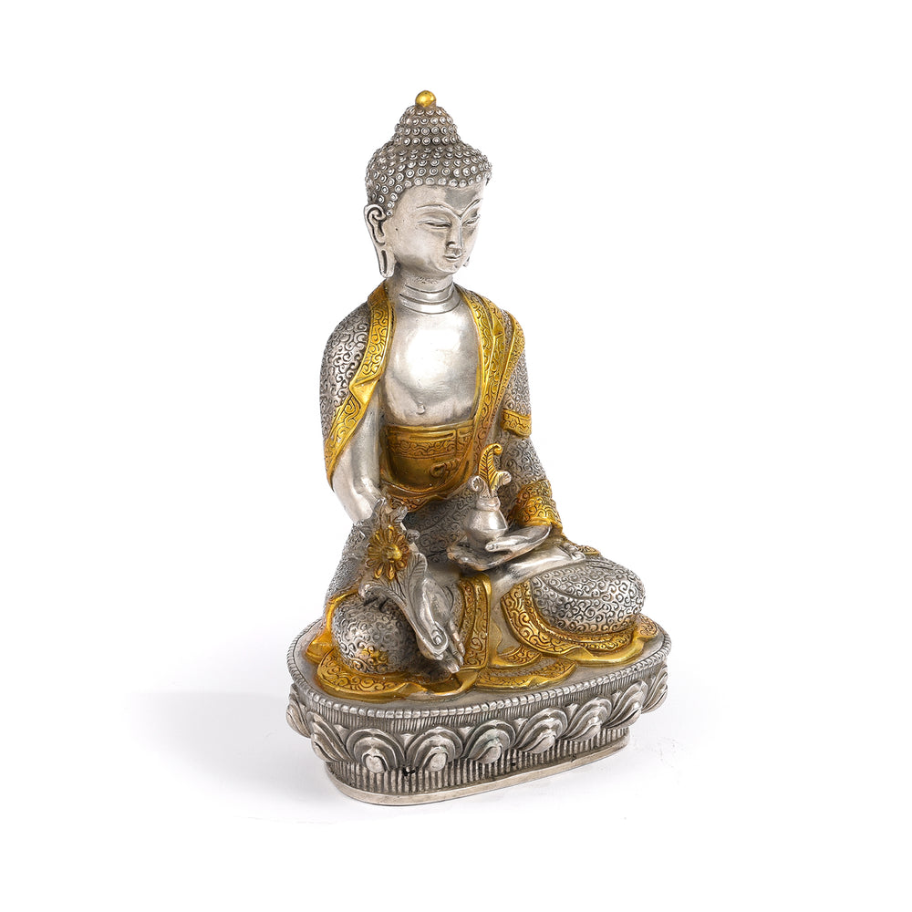 Sitting Silver Plated Brass Medicine Buddha Statue - Varada Mudra | Indigo Antiques