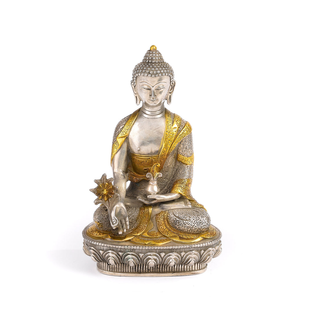 Sitting Silver Plated Brass Medicine Buddha Statue - Varada Mudra | Indigo Antiques