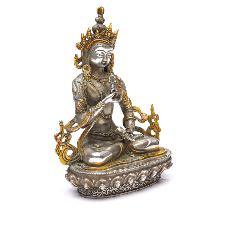 Angled View Of Silver Plated Statue Of The Goddess Tara | Indigo Antiques