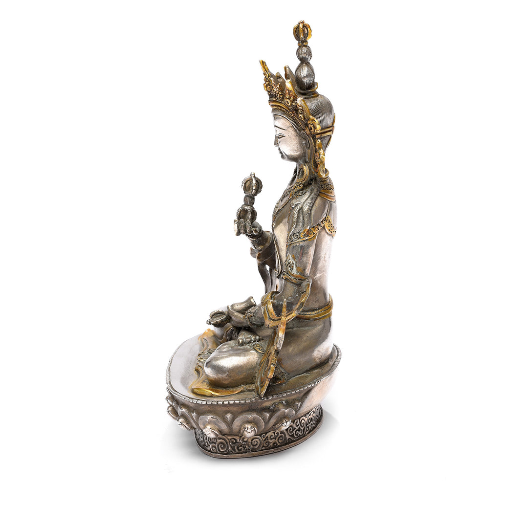 Portrait View Of Silver Plated Statue Of The Goddess Tara | Indigo Antiques