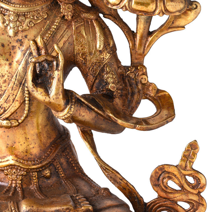 Detail From Gilded Brass Statue Of Tibetan Manjushri With his Sword Held High On a Lotus Throne| Indigo Antiques