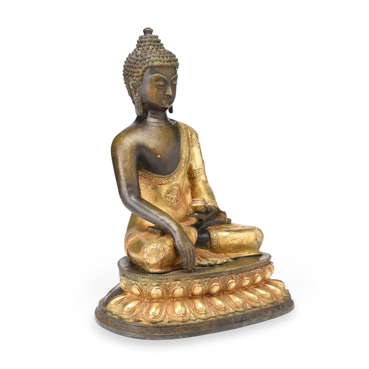 Angled Detail Of Gilded Buddha Statue - Bhumisparsha Mudra | Indigo Antiques