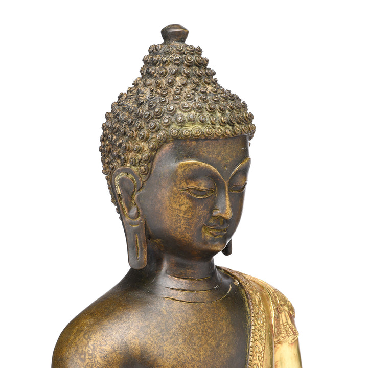 Angled Face View Of Gilded Buddha Statue - Bhumisparsha Mudra | Indigo Antiques