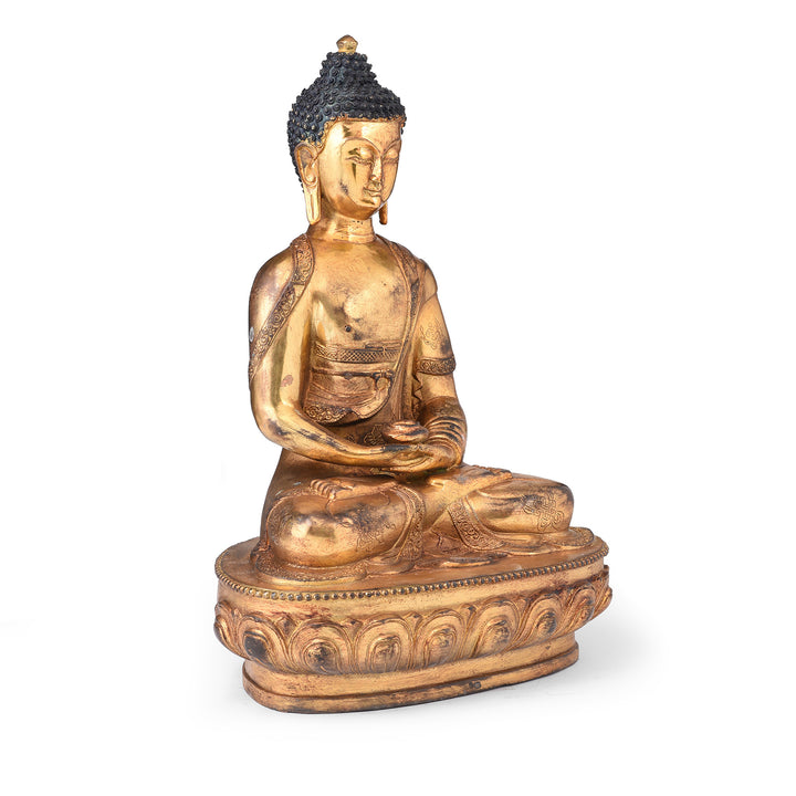 Angled View Of Gilded Statue Of Buddha - Dhyana Mudra Pose | Indigo Antiques